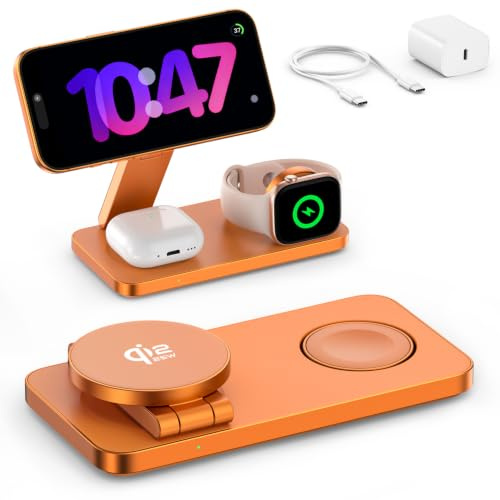 EXW Qi2.2 25W Stazione di Ricarica 3 in 1, Caricatore Wireless iPhone Base di Ricarica Apple Pieghevole per iPhone 17 16 15 14 13 12, Apple Watch 11-4/Ultra/SE, AirPods, con 35W Adapter