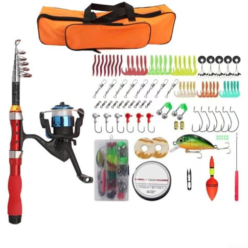 Set canna da pesca rossa telescopica con manico antiscivolo EVA borsa in tela gancio esche campane boe 1 m-2 leggero in fibra di vetro design compatto portatile per