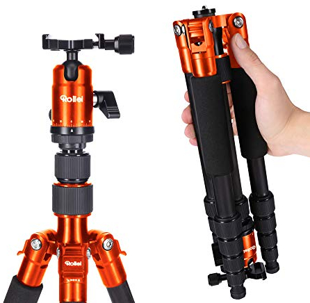 Rollei Compact Traveler No.1 Naranja, 143cm Tripode Camara de Aluminio Trípode de Viaje Ligero Tripod Compacto con Cabeza de Bola Compatible Arca Swiss Trípode y Monopié para DSLR y Smartphone