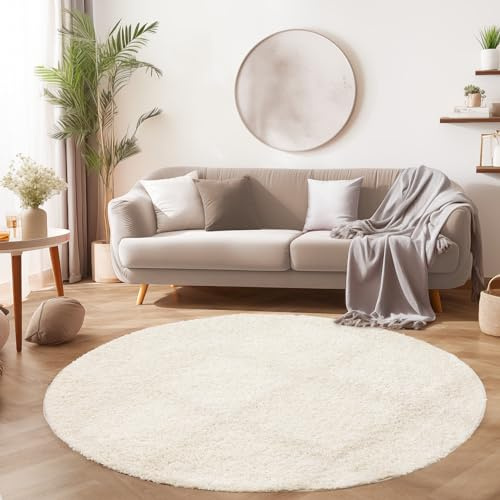 SIMPEX Shaggy Hochflor Teppich, 80 cm Rund, Creme, weich, flauschig, modern, einfarbig, Für Eingangsbereich oder kleine Nischen, für Wohnzimmer Schlafzimmer Flur