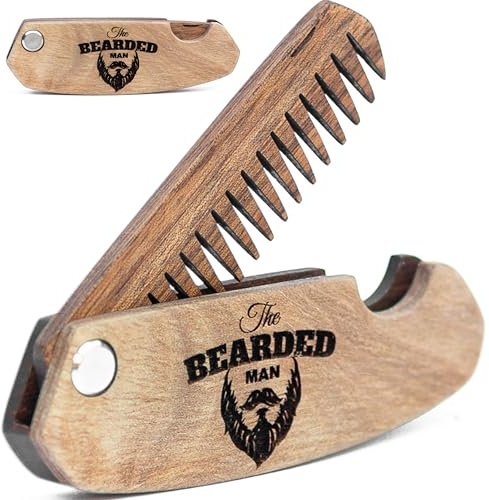 Enjoy The Wood Beard Comb for Men, Folding Pocket Beard Accessories for Men, Engraved Walnut Wooden Comb for Moustache, Beard & Hair For Him (Bearded Man)
