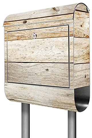 banjado® Briefkasten mit Standfuß Motiv Graues Holz - Stand Briefkasten Edelstahl mit Zeitungsfach - Postbox/Postkasten A4 Einwurf inkl. Montagematerial & 2 Schlüssel