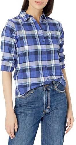 Amazon Essentials Women's Långärmad lätt rutig flanellskjorta klassisk passform, Blå Grå Marinblå Rutig, S