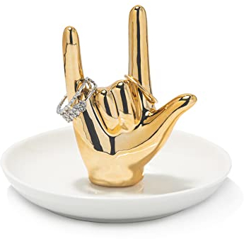 I LOVE YOU Hand Ringhalter Ringschale Keramik Schmuck Halter Schale Trinket Tablett für Ringe Ohrringe Halskette Organizer, Verlobung Hochzeit Ring Halter, Weihnachten Geburtstag Geschenke(goldfarben)