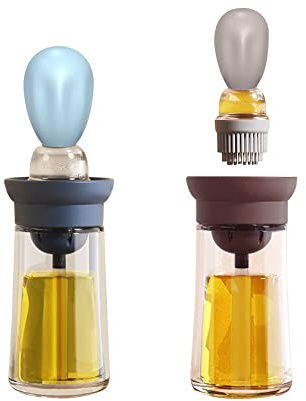 TINMIX 2 Pack 2 in 1 Ölspender mit Pinsel 180 ml Olivenölspender Flasche für Küche Glas Speisen Ölflasche für BBQ Grill Backen Gebäck Salat (Blau + Grau)