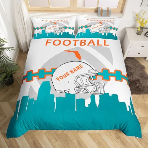 Erosebridal Custom Name Sports Duvet Cover Queen,Boys Football Bedding Set for Kids Boys Girls,Blue Orange Rugby Bed Sets,Football City Quilt Cover with 2 Pillowcases