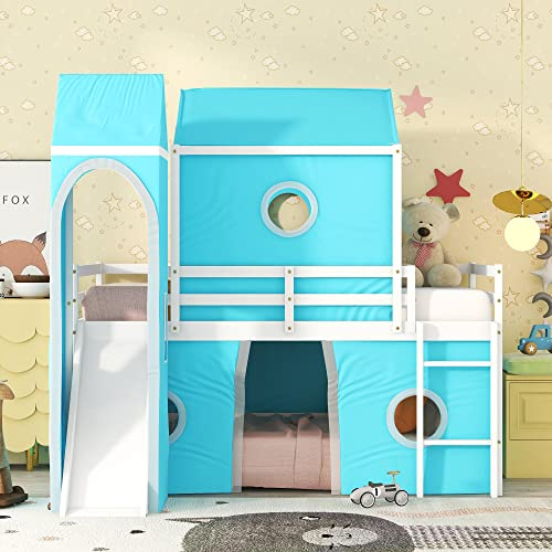SPOFLYINN Bunk Bed House Shaped Loft Bedframe Funny Kids Playhouse Bed with Windows Slide Tent Tower for Girls Boys Blue Twin Size