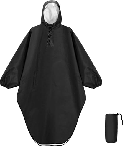 ANYOO Wasserdichter Regenponcho Regenjacke mit Kapuze für Damen und Herren, Leichter und Winddichter Regenmantel mit Ärmeln für Outdoor Wandern, Radfahren, Schwarz, Einheitsgröße, 1 Tasche