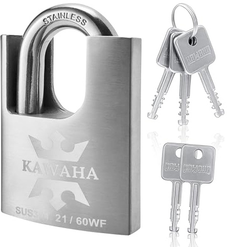 KAWAHA 21/60KD-5SK Cadenas en acier inoxydable haute sécurité avec clé pour usage intérieur et extérieur (robuste, antirouille) (60 mm) avec clé différente, 5 clés en acier inoxydable