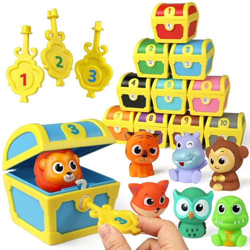 Coogam Fine Motor Skill Toys for Toddlers, 10pcs Surprise Animals Finger Puppets Treasure with Number Locks, Matching Color Sorting Pirate Hunt Game, Learning Gift for 3 4 5 Year Old