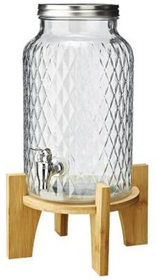 MAQA Dispenser per bevande in vetro con rubinetto, coperchio e supporto in faggio - adatto per acqua, bevande calde e fredde - dispenser da 5,6L