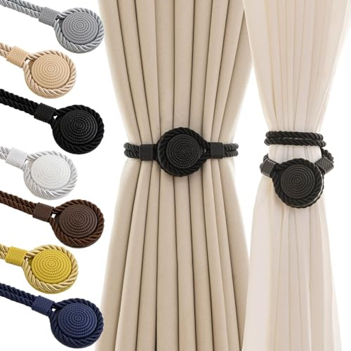 Contoeey Curtain Tiebacks Magnetic Rope Curtain Tie Backs for Curtains 2 Pack Handmade Outdoor Window Curtain Holdbacks for Drapes, Black