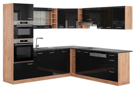 Vicco Eckküche R-Line, Schwarz Hochglanz/Goldkraft Eiche, 247 x 237 cm | 14 Module · Höhenverstellbare Füße · AP Anthrazit inkl. · Robuste Fronten · Mit Backofen-/Mikrowellenschrank