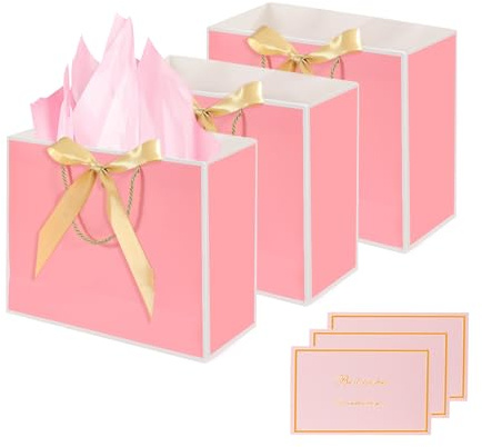 Modixun Geschenktüten, 3 Stück, 32 cm große Geschenktüte mit Band und 3 Grußkarten, 9 Seidenpapier, Papier-Geschenktüten mit Griffen für Frauen, Geburtstag, Hochzeit, Party (Rosa-Weiß)