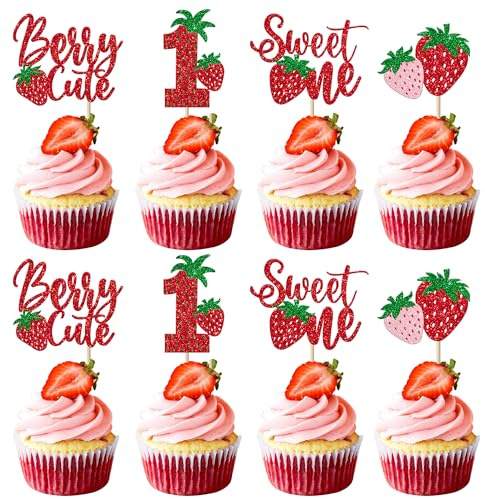 Xsstarmi 24 Pack Sweet One Cupcake Toppers Glitter Berry Cute Cupcake Picks for Strawberry Baby Shower 1st Birthday Party Cake Decorations Supplies