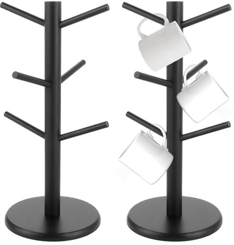 GBACHOOSE 2 Stück Tassenständer Holz Schwarz, Tassenhalter Stehend, Tassenbaum, Tassenregal mit 6 Haken, Brezelständer, Tassenregal Holz für Kaffeetassen, Becher, Küchentheke, Tabletop