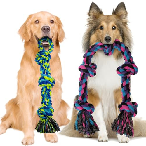 [Large] Dog Rope Toys for Aggressive Chewers, 2 Pack Heavy Duty Dog Rope Toy for Medium to Large Breed, Indestructible Dog Tug of War Toy, 100% Cotton Dog Chew Toys for Boredom and Teeth Cleaning