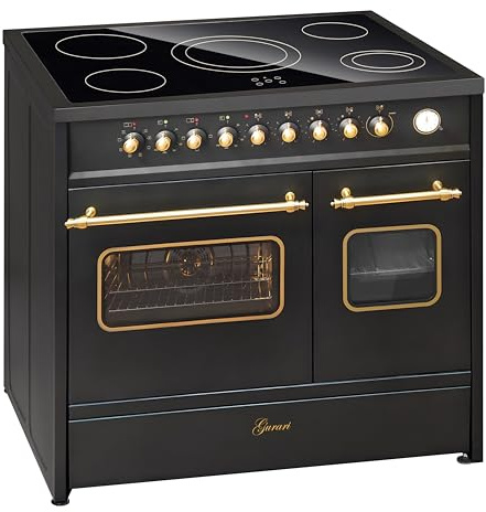 GURARI Elektro Standherd GCH E 912 DF BL r Glaskeramik Herd 90 cm Schwarz Range Cooker Elektro Doppelbackofen, 5 Zonen mit den High Light Heizelementen