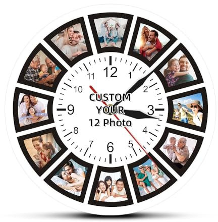 hadefa Orologio da parete personalizzato, orologio da parete con 12 collage di foto, orologio da parete a batteria per soggiorno, camera da letto, decorazione della sala da pranzo, 30,5 cm (12 foto)