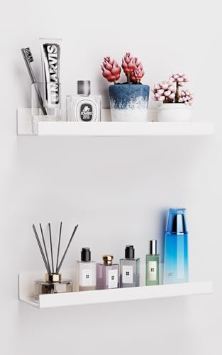 Viymgit 2 Pack White Adhesive Shelves, 15x4 No Drill Acrylic Wall Shelves | Dual-Mount (Adhesive or Screws) Waterproof Storage Bathroom Shelf Organizer for Kitchen, Living Room, Bedroom