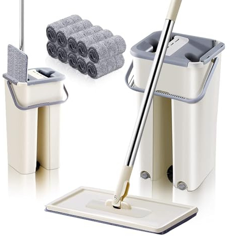 CROWNSHOP Microfibre Mop and Bucket Set with 10 Washable Pads - 107cm Adjustable Stainless Steel Handle | Floor Cleaning System for Hardwood, Tiles & Laminate Floors