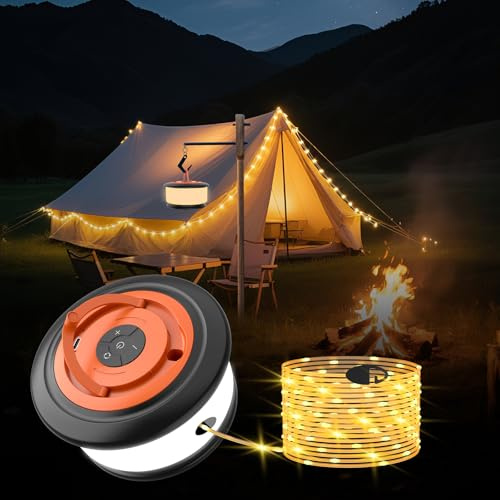 Phylosal Guirlande lumineuse de camping 3 en 1 avec 6 modes d'éclairage, rangement rapide, lanterne de tente rechargeable de 10 m, lampe à DEL portable à suspendre pour extérieur, terrasse, auvent