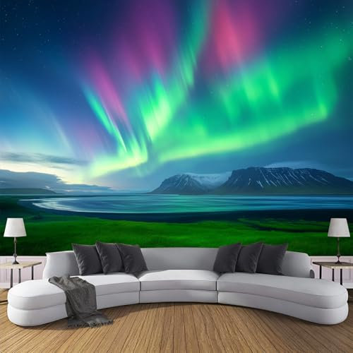 Carta Da Parati Panoramica - Meraviglie Naturali 350L × 256A Cm Seta Carta Da Parati Gigante 3D Aurore Boreali Blu-Verdi Soggiorno Camera Da Pranzo Decorazione Murale