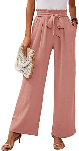 Heymoments Pantalon de détente à jambe large pour femme avec poches, léger, taille haute, réglable, nœud noué, pantalon ample, A14 rose., XXL