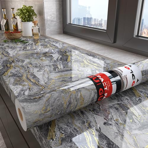 Decotalk Carta Adesiva Per Mobili Effetto Marmo Grigio Con Oro Per Cucina 60X300cm Carta da Parati Moderna Rimovibile Pellicola Adesiva Per Mobili Pietra Marmo Impermeabile Top Bagno Armadio Cassetti