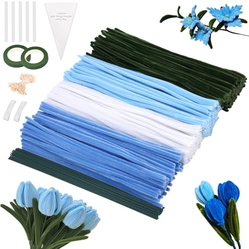 Qixora Juego de 400 limpiadores de pipa, 4 colores para manualidades, limpiador de tuberías de flores, juego con 20 hilos verdes para manualidades, cintas, estambres, cinta adhesiva, saquitos de