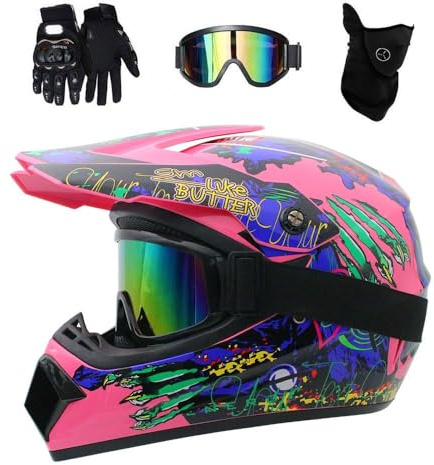 Youth Kids MTB Motocross Helmet Set, with Gloves Goggles Mask, Unisex Full Face ATV Offroad Street Motorbike Helmets, Downhill Enduro Quad Dirt Bike Crash Helmet(Pink,L/56-57CM)