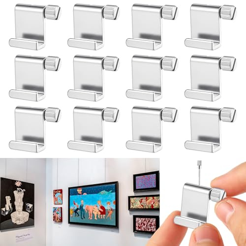 Hicarer 12 Pcs Adjustable Hooks for Gallery Picture Hanging System Picture Rail Hooks Hangers for Exhibition Art Gallery Supplies (Press-Adjustable)
