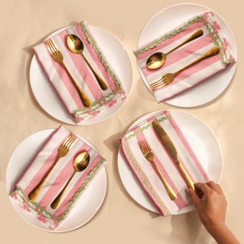 Folkulture Cloth Napkins | (18 x 18) Pink Napkins Set of 4 for Dining Table | Stripe Pink & Green Dinner Napkin or Rick Rack Napkins for Kitchen | Reusable Linen or Table Linens Washable
