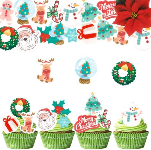 Gleevio 50 Stück Tortendeko Weihnachten Essbar, 12 Stile Kuchen Deko Weihnachten Esspapier, Merry Christmas Cupcake Topper, Essbare Weihnachtsdeko Muffin Deko Rentier Weihnachtsbaum Schneemann
