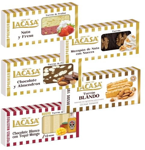 Pack Surtido 5 Turrones Lacasa:Mazapán de Nata con Nueces, Blando, Chocolate y Almendras, Chocolate Blanco con Tequi Mango, Nata y Fresa