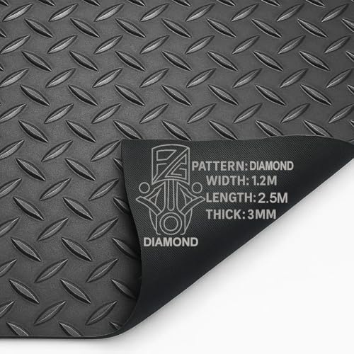 PG Floor Rubber Matting Roll 2.5m x 1.2m, 20m Black Non Slip Diamond Mat, Heavy Duty 3mm Thick Waterproof Flooring for Garage Gym Van Shed
