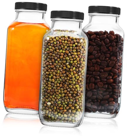 ROMISBABA Botellas De Vidrio Para Zumo y Leche 500 Ml Octagonales Con Tapa Sellada De Plástico Negra Juego De 3 Para Almacenamiento Cocina y Bebidas Frías