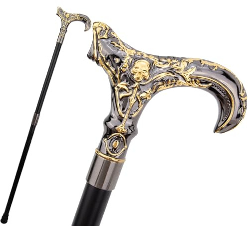 36,81 Zoll Schwarzer Goldener Totenkopf Blumenkopf Gehstock, Modischer Dekorativer Gehstock Cosplay für Männer und Frauen