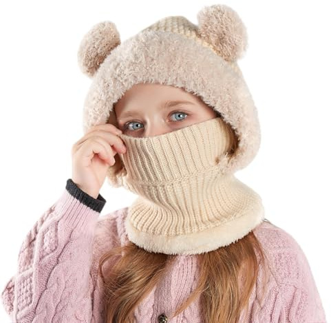 TAGVO Fille Garçon Cagoule Hiver, Balaclava Casquette Polaire Mignon Animal Thermique Bonnet Écharpe Ensamble Enfant Chaud Cache Cou Oreilles Chapeaux pour 4 à 10 Ans