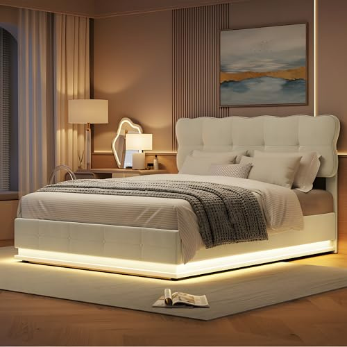 QLTXYHML Lit Coffre 160x200, Lit Double avec Éclairage LED RGB, Cadre de Lit Rembourré en Velour, Sommier à Lattes et Cadre de lit en métal (Beige, 160x200 cm)