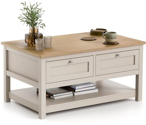 CHRISTOW Coffee Table with Storage & Oak-Effect Top, Lower Shelf & 2 Pull-Down Drawers, Modern 2-Tier Living Room or Bedroom Table, Sturdy MDF Frame, Matte Painted – Pebble, H43cm x W86cm x D55cm