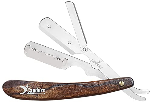 Candure Rasiermesser Herren mit Wechselklinge Edelstahl Extra Scharfe Profi Rasiermesser Klingen für Präzisen Formen und Schneiden Bart - Barber Friseur Messer mit Holzgriff & 10 Rasierklingen 13cm