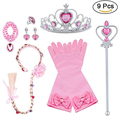 Vicloon Prinzessin Kostüme Zubehör, 9-teiliges Set Mädchen Dress up Zubehör mit 1 x Paar ELSA Handschuhe, 1 x ELSA Krone, 1 x Zauberstab, 1 x Halskette, 1 x Ring, 2 x Ohrring & 1x Zopf - Rosa