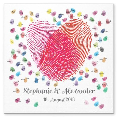 Leinwand Hochzeit Fingerabdruck Gästebuch personalisiert, 50x50 cm | Liebeslied für das Brautpaar, Als Geschenk, Hochzeitsdekoration, Namen mit Datum, Auf Keilrahmen Holz