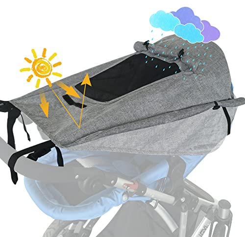 WD&CD Sonnensegel Kinderwagen mit UV Schutz 50+ und Wasserdicht, Double layer fabric mit Sichtfenster und extra breite Schattenflügel, Grau
