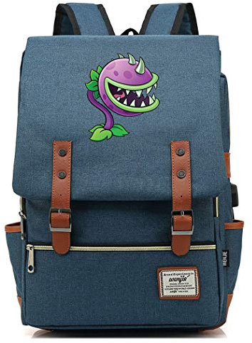 WANHONGYUE Plants vs. Zombies Jeu Étudiants Sac d'école Cartable Vintage Sac à Dos Rucksack pour Ordinateur Portable 15,6 Pouces avec Port de Chargement USB Steel Blue / 1