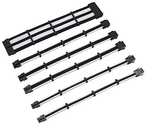 B-JWYFY Braided Sleeve Extension Power Supply Cable Kit, PSU Connectors, 18AWG ATX 24P EPS 4+4-pin PCI-E 6-pin PCI-E 8-Pin with Cable Combs(11.8 inch/ 30cm) (Black/White)