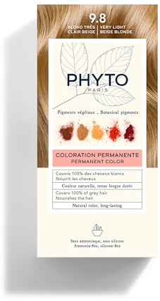 Phyto Paris - Coloration Cheveux Permanente 9.8 Blond Très Clair Beige - Couleur Blond Beige Lumineux et Naturel - Sans Ammoniaque Enrichie en Pigments Végétaux - Kit Complet à Usage Unique