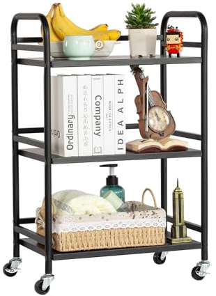 HDANI Servierwagen,3 Ebenen Servicefahrzeug aus Metall mit Rollen,für kleine Räume, Küche, Esszimmer, Bar, Bäder, rollwagen Schwarz,48×30×75cm