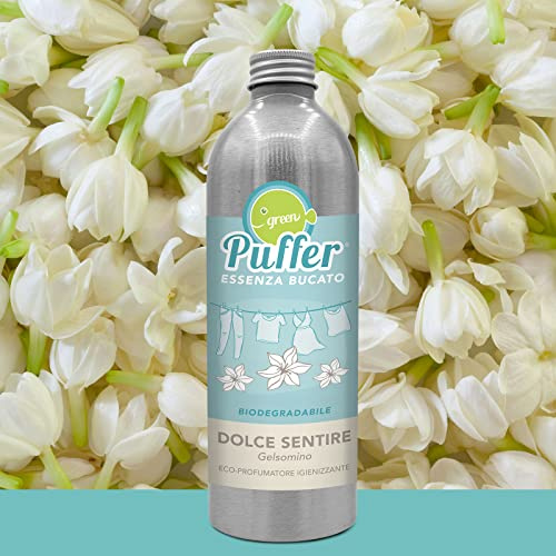 Green Puffer ESSENZA BUCATO DELICATO MULTIUSO per bucato e tessuti senza composti chimici. Eco-profumatore igienizzante ed elimina odori. Made in Italy (Dolce Sentire,Gelsomino, 500 ml)